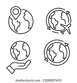 Travel around world linear icons set. International tourism. Planet map navigation. Isolated vector outline illustrations.