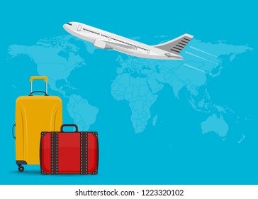 travel around the world. luggage and bag. airplane flight vector background