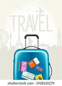 Travel around the world, modern blue suitcase with travel tags, baggage and sights, vector