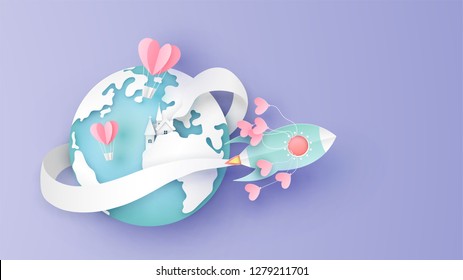 Travel around the world on valentine's day. Honeymoon travel. paper cut and craft style. vector, illustration.