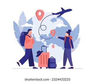 Travel around world. Online journey. Couple is planning their trip. Choosing best route. Travel agency tour abroad. Color vector illustration in flat style