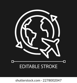 Travel around world pixel perfect white linear icon for dark theme. Plane flight. Moving abroad. Overseas trip. Thin line illustration. Isolated symbol for night mode. Editable stroke. Arial font used
