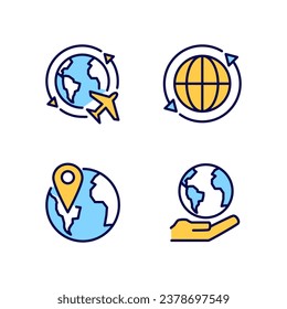 Travel around world pixel perfect RGB color icons set. International tourism. Planet map navigation. Isolated vector illustrations. Simple filled line drawings collection. Editable stroke