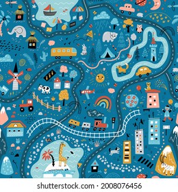 Travel around the world play mat for children. Baby land map vector seamless pattern. Kid carpet with cute doodle roads, nature, city, village, forest, sea and wild animals. Blue background