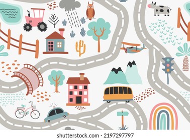 Travel around the world play mat for Kids. seamless pattern.