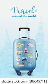 Travel around the world poster with rolling suitcase. Baggage with landmark silhouettes on background. Vacation journey vector illustration