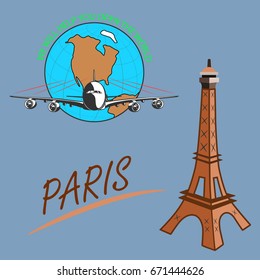 Travel around the world quickly, safely and comfortably

Drawing a passenger airplane in flight. A trip from America to Europe and Paris. For advertising and design.