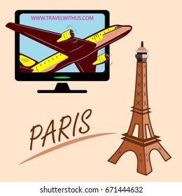 Travel around the world quickly, safely and comfortably

Drawing a passenger airplane in flight. A trip from America to Europe and Paris. For advertising and design.