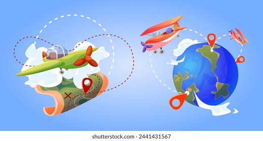 Travel around world set - cute kid plane flying over globe and paper map with route line and pins for destination on blue background with clouds. Cartoon vector set of worldwide trip and trip.