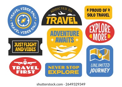 Travel around the world stickers, patch, badges, logos, stamps collection. Journey and vacations travel quotes.