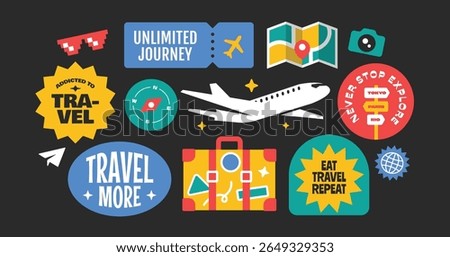 Travel around the world stickers, patch, badges, logos, stamps collection. Journey and vacations travel quotes.