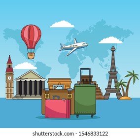 travel around the world with suitcases and famous places vector illustration design