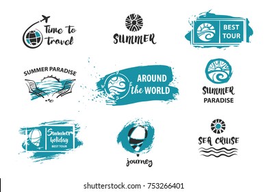 Travel around the world. Summer holiday, life, journey, tour. Set of template logo, logotype, poster, banner for travel agency, bureau. Sketch vector illustration.