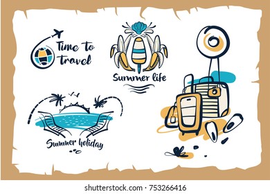 Travel around the world. Summer holiday, life, journey, tour. Set of template logo, logotype, poster, banner for travel agency, bureau. Sketch vector illustration.