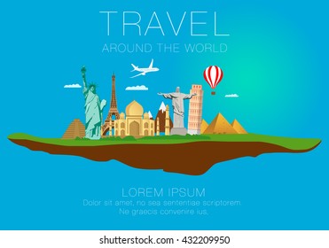 Travel to the around world, tourism. Landmarks on the globe. Vector illustration. Modern flat design.