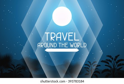 Travel around the world. Tropical background with landscape, moon and palm trees.