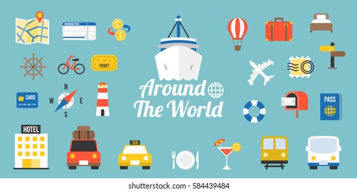 Travel around the world typographic and elements in flat design style, holiday and vacation concept