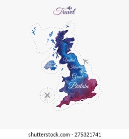 Travel around the  world. United Kingdom of Great Britain and Northern Ireland. Watercolor map