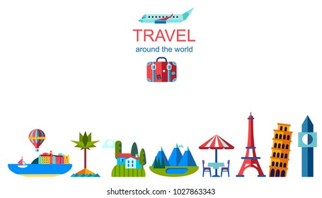 travel around the world vector  background. Vector icon , travel, tourism, vacation. cities, mountain, island, beach, sea, village, camp. Different types of travel