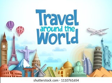 Travel Around The World Vector Background Design With Famous Landmarks And Tourist Destination Elements In Different Places For Tourism. Vector Illustration.
