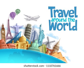 Travel around the world vector background and template with famous landmarks and tourist destination elements for travel and tour design. Vector illustration.
