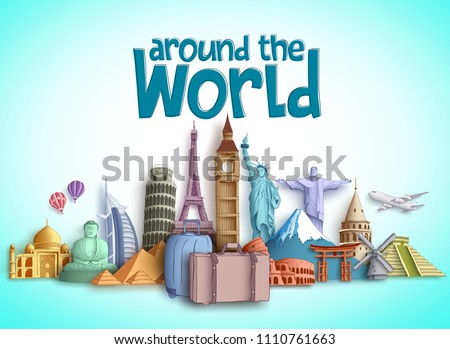Travel around the world vector banner design with travel destinations and famous tourist landmarks of different countries. Colorful buildings and monuments vector elements.
