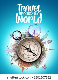 Travel around the world vector design. Travel the world famous landmarks and tourist destination with compass element for travel vacation and tour trip navigation. Vector illustration.