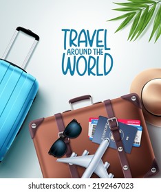 Travel around the world vector design. Travel around the world text with suitcase bag, passport and plane ticket elements for international busines trip. Vector Illustration. 