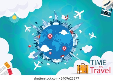 travel around the world vector design. Travel and tourism with famous landmarks and tourist destination of different countries and places and text in empty space attractive background. SHOTLIST travel