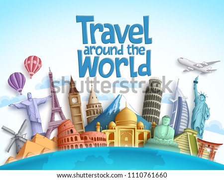 Travel around the world vector design with famous landmarks and tourist destination of different countries and places in blue background. Vector illustration.
