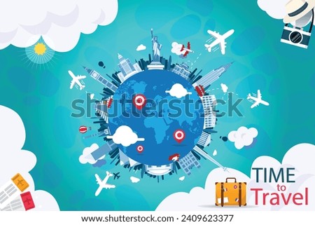 travel around the world vector design. Travel and tourism with famous landmarks and tourist destination of different countries and places and text in empty space attractive background. SHOTLIST travel
