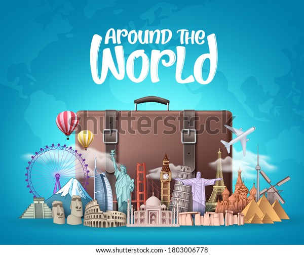 Travel around the\
world vector design. Travelling suitcase bag and famous landmarks\
around the world elements with around the world text in blue\
background. Vector\
illustration.\
