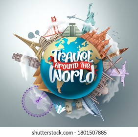 Travel around the world vector landmarks design. Travel in famous tourism landmarks and world attractions elements and text in a 3d globe empty space. Vector illustration.
