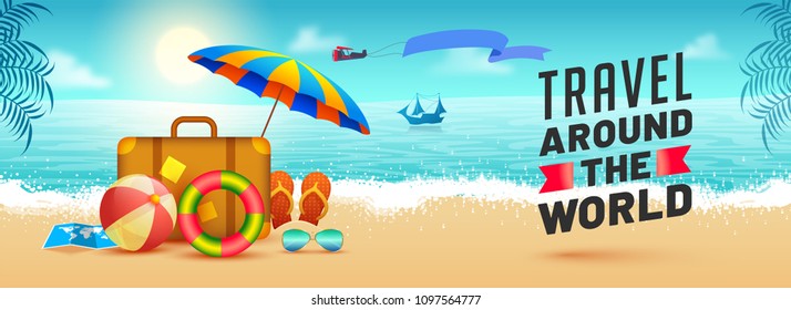 Travel around the world, web banner design with travelling bag, volleyball, flip-flops and beach view. 