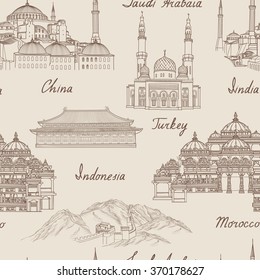 Travel Asia background. World famous landmark seamless pattern. Asian countries traditional architecture travel seamless pattern. Vacation in Asia wallpaper. Landmark tiled grunge pattern.