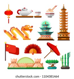 Travel to Asia, China icons and isolated design elements set. Vector Chinese culture symbols, landmarks and food.