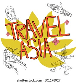 Travel Asia hand drown vector illustration with boat,buddha statue , lotus flower,great wall of china