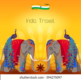 Travel to Asia, India template design. Indian elephants and peacocks on the bright background. Background for travel banners.