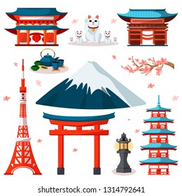 Travel to Asia, Japan icons and isolated design elements set. Vector Japanese and Tokyo culture symbols and landmarks.