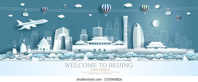 Travel Asia landmarks of Beijing with airplane,sailing boat and balloons, Tour the world to China with panoramic cityscape popular capital, Origami paper cut style for advertising,Vector illustration.