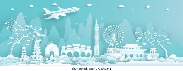 Travel Asia landmarks city of Taiwan Taipei on blue background with airplane and sailboat, Tour China with panoramic popular capital, Origami paper art style for advertising, Vector illustration.