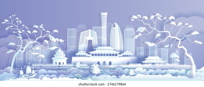 Travel Asia landmarks cityscape of beijing on purple background with sailing boat, Tour China with panoramic cityscape popular capital, Origami paper cut style for advertising,Vector illustration.