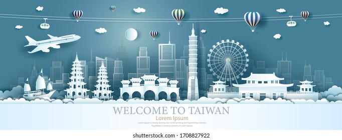 Travel Asia landmarks of Taiwan with airplane, sailing boat and balloons, Tour the world to China with panoramic cityscape popular capital, Origami paper cut style for advertising,Vector illustration.