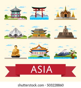 Travel Asia with Asia landmarks vector. Asia landmark icon. Famous Asia travel places. 