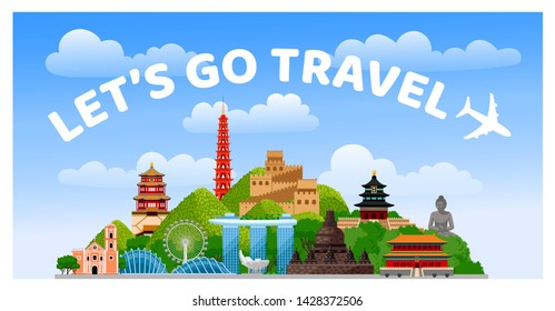 Travel to Asia. Let's go travel poster, web banner, card, postcard. Vector illustration.