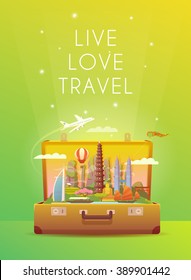 Travel to Asia. Open suitcase with landmarks. Vertical travelling illustration. Flat style.