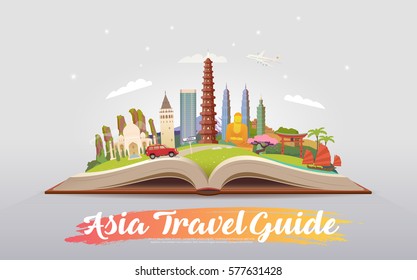 Travel to Asia. Road trip. Tourism. Open book with landmarks. Asia Travel Guide. Advertising web illustration. Summer vacation. Travelling banner. Modern flat design. EPS 10. #1