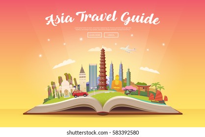 Travel to Asia. Road trip. Tourism. Open book with landmarks. Asia Travel Guide. Advertising web illustration. Summer vacation. Travelling banner. Modern flat design. EPS 10. #3