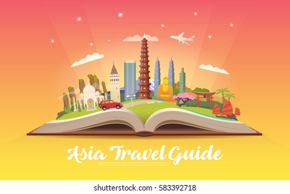 Travel to Asia. Road trip. Tourism. Open book with landmarks. Asia Travel Guide. Advertising web illustration. Summer vacation. Travelling banner. Modern flat design. EPS 10. #4