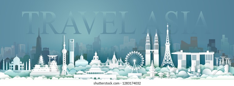 Travel Asian architecture culture in capital city with symbol and modern building, Traveling cityscape and ancient, Tour Asia archaeological site, Paper cut and paper origami style,Vector illustration